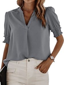 Damen Bluse V-Ausschnitt Hemden Arbeit Oberteile Lose Einfarbig Lässige Tunika Tops Grau,Größe:Xl