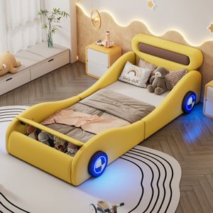 Fortuna Lai Autobett Polsterbett 90×200cm, Kinderbett mit leuchtenden Rädern und Stauraum, Jugendbett, PU, Gelb