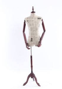 A14-0 Männlich Schneiderpuppe, Zeitung Muster stoffbezogene Oberkörper mit Deckel aus Holz, Arme und Finger aus Holz beliebig verstellbar, dunkler Holzstand