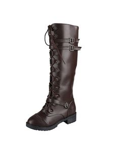 Stiefel Damen Reitstiefel Seiten Reißverschluss Schnürstiefel Komfort Low Absatz Winter High Schuhe Dunkelbraun,Größe:EU 37