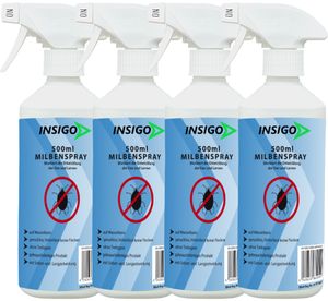 INSIGO 4x500ml Anti-Milbenspray, Mittel gegen Milben Milbenbefall Milbenfrei Schutz gegen Eier auf Wasserbasis, fleckenfrei, geruchlos, mit Schnell- & Langzeitwirkung frei EX