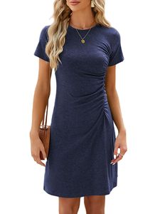 Damen Sommerkleider Plissee Minikleid Lässiges Elegant Freizeitkleider Kurzarm Kleider Marineblau,2XL
