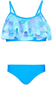Aquarti Mädchen Bikini Set Bustier Bikinislip Zweiteiliger Badeanzug, Farbe: 030G mit Rüschen / Meerjungfrau Blau / Grün / Violett, Größe: 140
