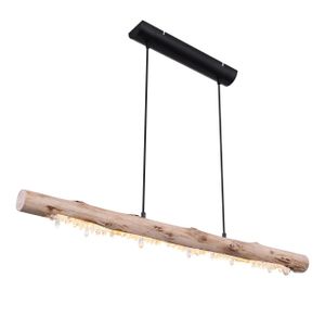 Globo Lighting Hängeleuchte Metall schwarz matt, Holz naturfarben, Acrylkristalle klar, Kabel Textil Schwarz, mehrere Stufen über Wandschalter, Stufenschalter, Memoryfunktion, Höhe kürzbar, 100% - 40% - 10%, LxBxH: 1000x80x1500mm, inkl. LED 15W 230V, 1500lm Source, 980lm Output, 3000K