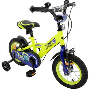 Actionbikes Kinderfahrrad Turbo 12 Zoll | Kinder Fahrrad - V-Brake Bremsen - Kettenschutz - Fahrradständer - 2-5 Jahre (Gelb/Blau)