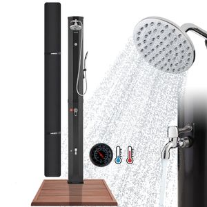 AREBOS solární sprcha 60 l, s ruční sprchou a teploměrem, kempinková bazénová sprcha, včetně krytu a podstavce ve vzhledu dřeva, černá barva
