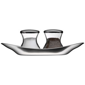 WMF Wagenfeld Streuer Set Max und Moritz 3-teilig mit Teller Salzsteuer Pfefferstreuer Glas Cromargan Edelstahl mattiert spülmaschinengeeignet, H 6 cm