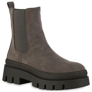 VAN HILL Damen Plateau Boots Stiefeletten Blockabsatz Stiefel Profil-Sohle Schuhe 839451, Farbe: Olivgrün Velours, Größe: 38