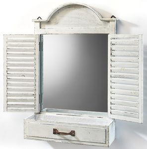 Dřevěný rám okna Kobolo Deco se zrcadlem a květináčem - bílý vintage - 69x13x62 cm
