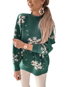 Ladies Weihnachten Pullover Loungewear Winter Warmer Pullover Lässig Schneeflake Print Strickpullover,Farbe:Grün,Größe:S