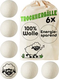 Trocknerbälle für Wäschetrockner 6er Set - 100% Öko Schafwolle - Weiche Wäsche - Kurze Trocknungszeit
