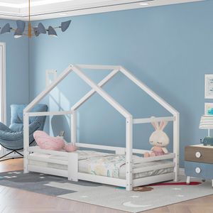 Kinderbett Hausbett mit Schornstein |Rausfallschutz|Robuste Lattenroste |Kiefernholz Haus Bett for Kids, 90 x 200 cm ohne Matratze, weiß