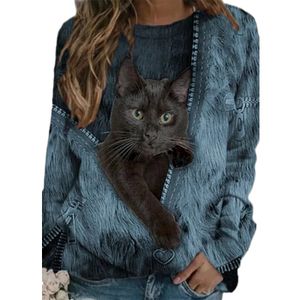 Damen Plus Size Cat Print Casual Langarm Top T Shirt Pullover Top,Farbe:Blau,Größe:M