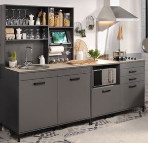 Küche "Moove2" in grau und Eiche hell Küchenzeile 240 cm, Single-Küche Theke und Regal