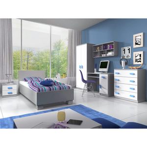 Kinderzimmer-Set Schrank Bett Wandregal Kommode Schreibtisch Nachttisch blaue Griffe Jonas II 01 (Grau/Weiß)