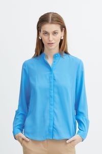 ICHI IHCELLANI SH Damen lange Bluse Langarm Basicbluse mit kleinem Stehkragen abgerundeter Saum mit Knopfleiste Regular Fit