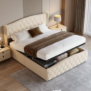 Čalúnená posteľ 140x200 cm s lamelovým roštom, hydraulická skriňová pružina, posteľ s úložným priestorom, zamatová manželská posteľ s úložným priestorom, funkčná posteľ, béžová