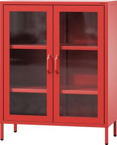 Jan Nowak kleiner Vitrinenschrank Kommode mit 2 Glastüren Gina 2 verstellbare Einlegeböden Standschrank aus Metall, 80 x 101,5 x 40 cm, Rot