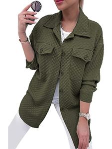 Frauen Solid Color Jacket Arbeiten Taschen Hemdjacken Mittlerer Länge Revers Hemden Shacket,Farbe:Armeegrün,Größe:S