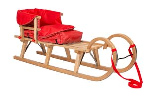 Original IMPAG® Hörner-Schlitten Holz Rodelschlittten Holzschlitten mit Lehne und Fußsack, Rot 115 cm