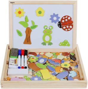 Magnetisches Holzpuzzle mit Doppelseitiger Tafel, 110 Stück pädagogisches Holzspielzeug Lernspielzeug Staffelei Doodle für Kinder ab 3 Jahre alt, EINWEG