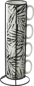 Zestaw 4 filiżanek ceramicznych na stojaku, 240 ml, motyw roślinny