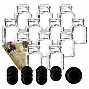 gouveo Einmachgläser 150 ml eckig Schraubverschluss - Vorratsglas mit Deckel, Deckelfarbe:Schwarz, Setgröße:12er Set