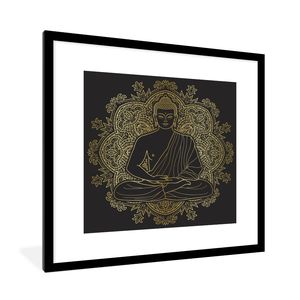 MuchoWow® Gerahmtes Poster Buddha - Bild - Gold 40x40 cm - Poster mit Schwarzem Bilderrahmen Wandposter Rahmen Foto Bilder - Poster - Plakat im Rahmen