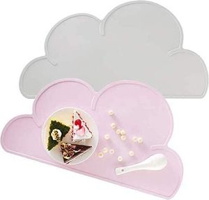 Tischset Kinder Platzset Abwaschbare Silikonmatten 2 Stück Tischset platzdeckchen Wolke Form Abwaschbar rutschfeste Silikon Tragbar Wasserdichtes Kinder Platzset Teller Set, Grau und Rosa