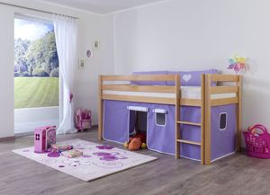 Relita Halbhohes Spielbett ALEX Buche massiv natur lackiert mit Stoffset Vorhang , purple/weiß