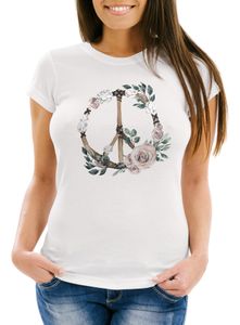 Damen T-Shirt Peace-Symbol Blumen Flowerpower Hippie Boho Bohemian Slim Fit Neverless® weiß M