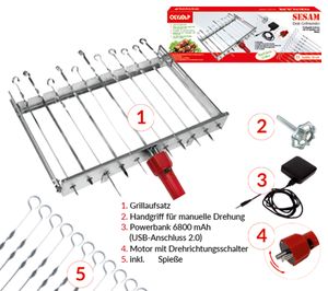 Schaschlik Spießdreher Edelstahl Sesam für 11 Spieße Motor Powerbank USB Spieße