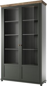 Vitrinenschrank grün Landhaus EPSOM-83 mit Lefkas Eiche Nb. Knopfgriffe Messing, B/H/T: ca. 126/200/42 cm