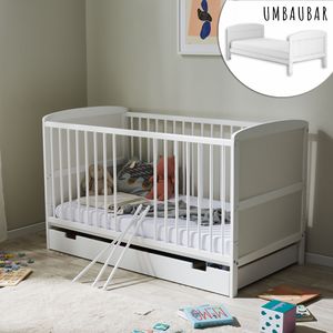 Babybett Kinderbett 70x140 cm mit Schublade und Matratze Umbaubares Gitterbett höhenverstellbar & herausnehmbare Sprossen | weiss Vollholz Kiefer Babybett Kinderbett 70x140 cm mit Schublade und Matratze Umbaubares Gitterbett höhenverstellbar & herausnehmbare Sprossen | weiss Vollholz Kiefer