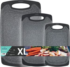 HSXL 3-teiliges Kunststoff-Schneidebrett-Set schwarz mit rutschfesten Griffen – mit großem Schneidebrett von 40 x 24 cm