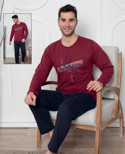 Herren Pyjama Schlafanzug Baumwolle Rot M Lang 2-Teiler Set C-41