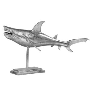 WOMO-DESIGN Hai-Skulptur Maritimes Design mit standfuß, 106x36x61 cm, Silber Glänzend, aus poliertes Aluminium mit Nickel Finish, Haifisch Statue Dekofigur Fisch Tierfiguren Wohndekoration