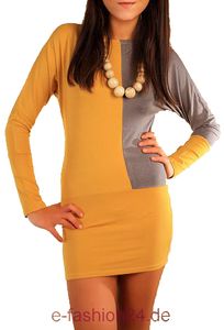 Damen Minikleid Dress Kleid Longshirt Shirt Langarm; Senf/Cappucino/S/M
