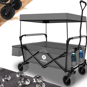Miweba Bollerwagen MB-10 - Handwagen faltbar - Feststellbremse - 100 kg Tragkraft - 360 Grad drehbar - Sonnenschutz mit UV Schutz (Grau)