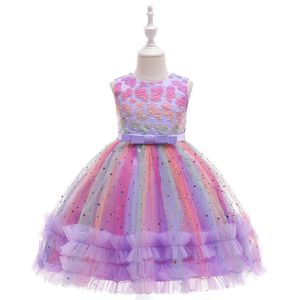 Kinder Mädchen Kleid  Regenbogen Tüllkleid Prinzessin Abendkleid Hochzeit Brautjungfer Geburtstag Partykleid, Lila, 110cm