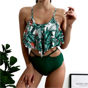 Abtel Damen zweiteilige Push-up gepolsterte Rüschen Bikini Set Badeanzüge,Farbe:S,Größe:Grün