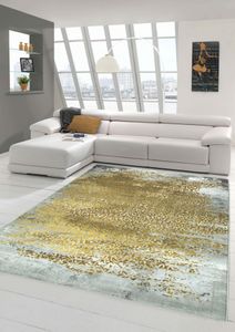 Designer Teppich Moderner Teppich Wollteppich Meliert Wohnzimmer Teppich Wollteppich  Ornament Senf Gelb Grau Größe - 80x150 cm