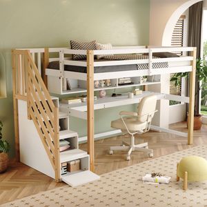 Flieks Etagenbett 90x200cm mit Treppe, Hochbett mit Schreibtisch und Bücherregal, Kinderbett mit Rausfallschutz & Lattenrost, Stockbett Naturbelassen Flieks Etagenbett 90x200cm mit Treppe, Hochbett mit Schreibtisch und Bücherregal, Kinderbett mit Rausfallschutz & Lattenrost, Stockbett Naturbelassen