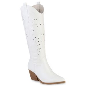 VAN HILL Damen Stiefel Cowboystiefel Stickereien Schuhe 839123, Farbe: Weiß, Größe: 38