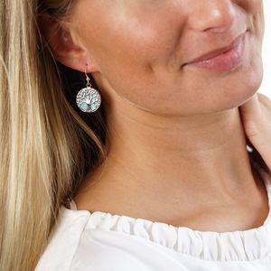 MATERIA Lebensbaum Ohrhänger mit Opal weiß-blau für Damen - Runde Ohrringe aus 925 Sterling Silber SO-405-weiß