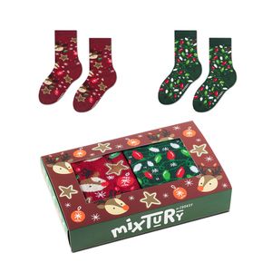 Set mit 2 Paar bunten Weihnachtssocken, Socken Größe 30-35 mit Rentier und Christbaumschmuck