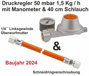 Druckminderer für Caravan Wohnmobil 50 mbar Manometer + Schlauch 40 cm Gasregler