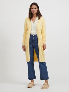 VILA Damen Langer Cardigan Gemütliche Strickjacke Basic mit Taschen Cozy Long Knit Jacket VIRIL, Farben:Gelb, Größe:M