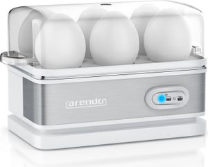 Arendo Eierkocher für 6 Eier, Edelstahl, Warmhaltefunktion, Härtegrad einstellbar, Signalton, inkl. Messbecher mit Eierpicker, 400 Watt, Weiß
