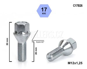 Kolový šroub M12x1,25x26 kužel, klíč 17, C17B26, výška 50 mm